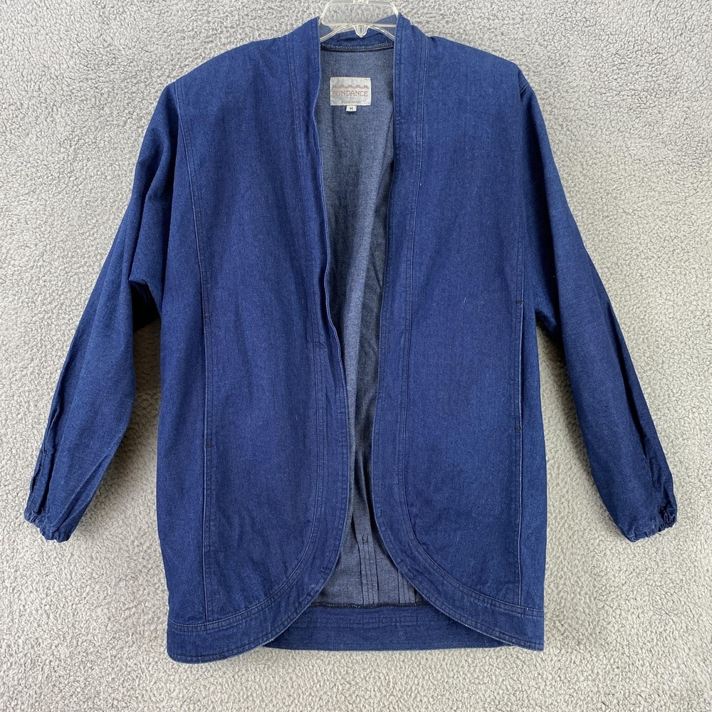 Sundance Denim Jacket Womens M Blue‎ Open Front 100% Cotton Made in USA Pleated